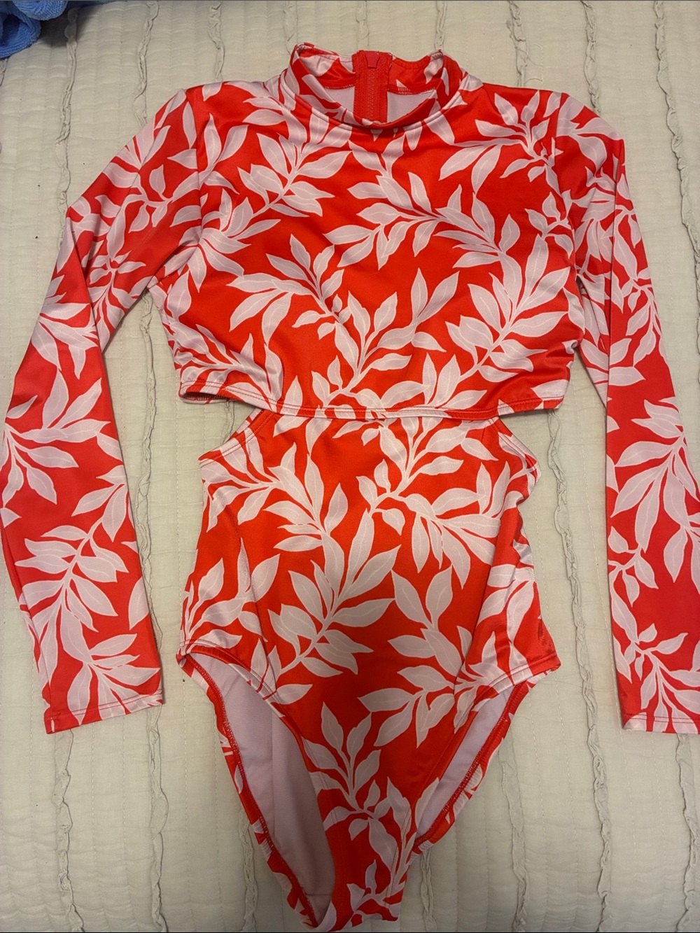 Anne Cole Coral & White Leaf Long Sleeve Cutout One Piece Swimsuit/Rasher